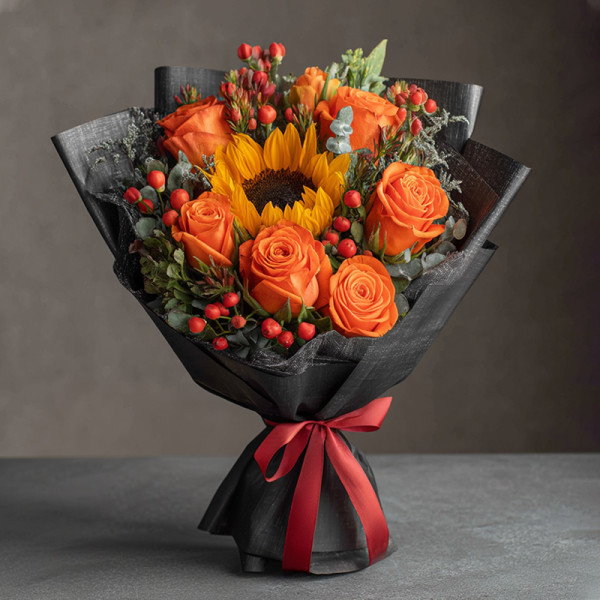 Fiery Symphony – A Dance of Orange-Red Roses and Sunflowers in Celebration of Life